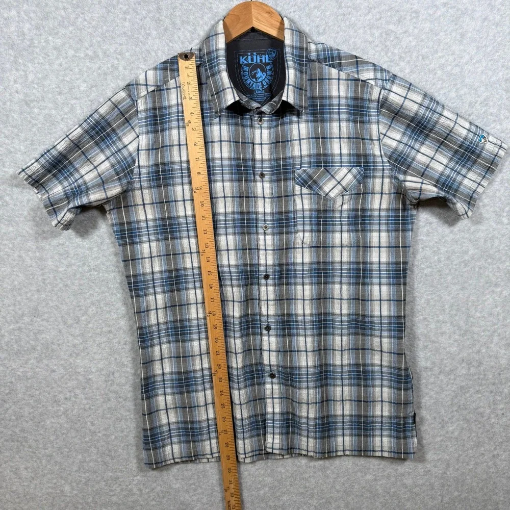 Kuhl Mens Large Blue Grey Plaid Short Sleeve Button Down Mountain Shirt Cotton - Picture 9 of 16